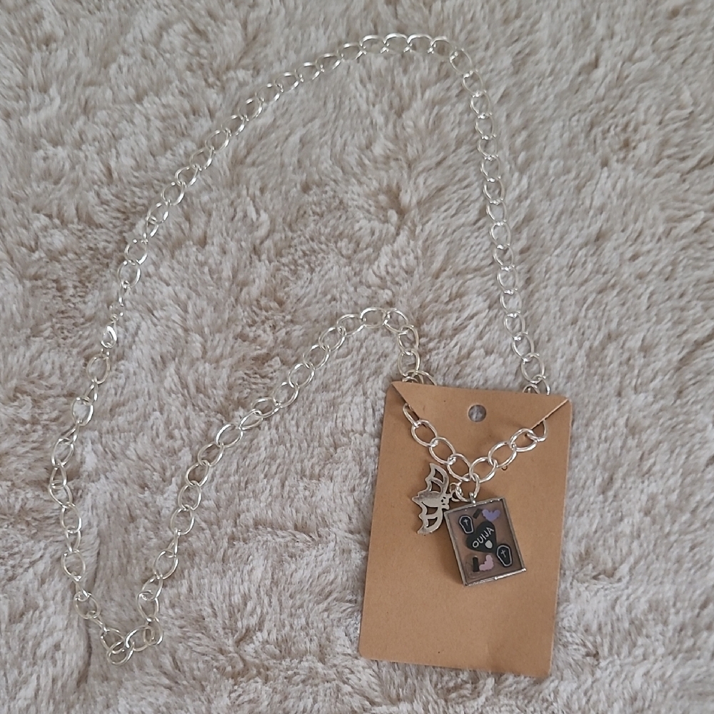 Silver Chain Necklace with Bat & Ouija Charm